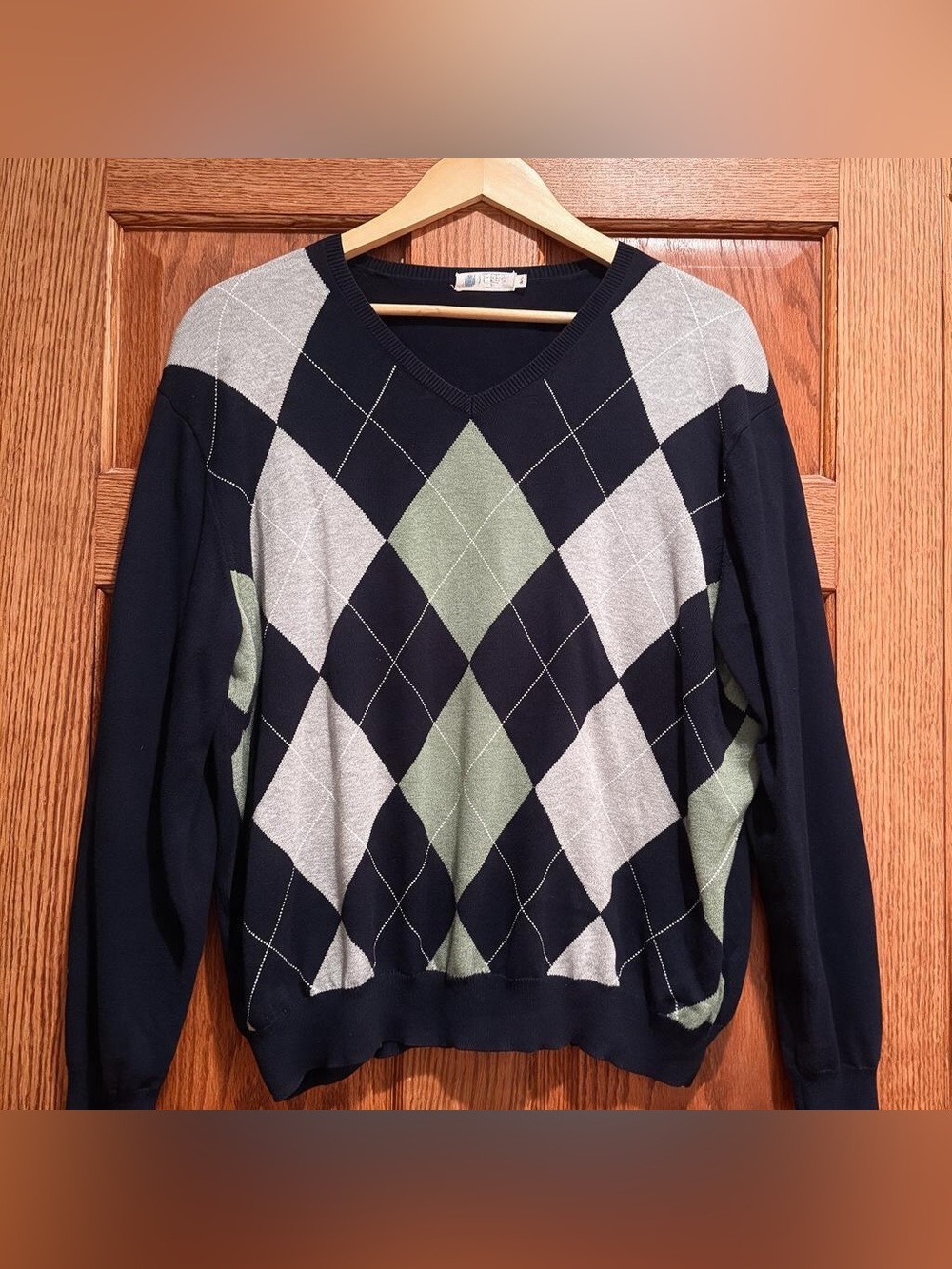 J.Crew Men’s XL Cotton Argyle V-Neck Sweater Navy Gray Green Preppy Classic